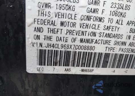 2007 Acura Tsx z USA, uszkodzony, nr VIN JH4CL968X7C008880